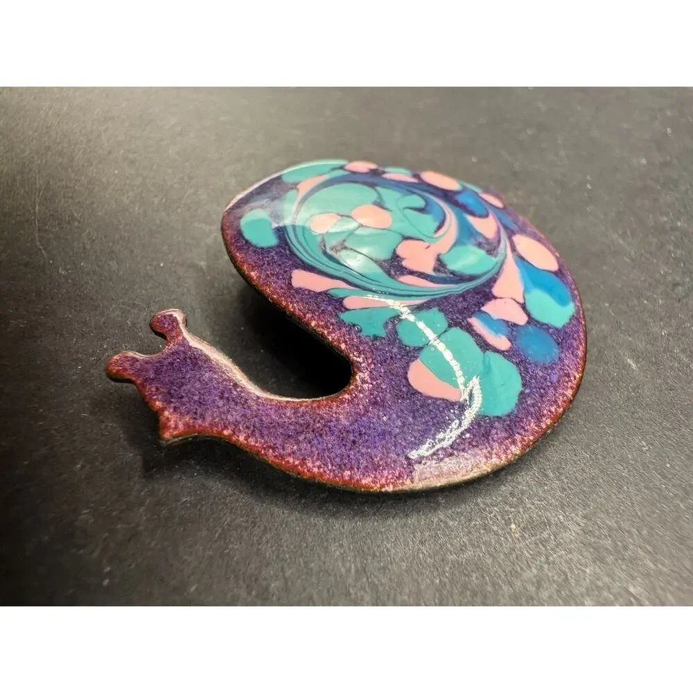 Inga Carlson Mid Century MCM Enamel Snail Brooch Signed Vintage Jewelry